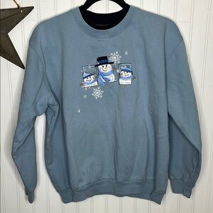 Vintage 90’s Grandmacore Blue Snowmen Themed Sweatshirt Casual Pullover